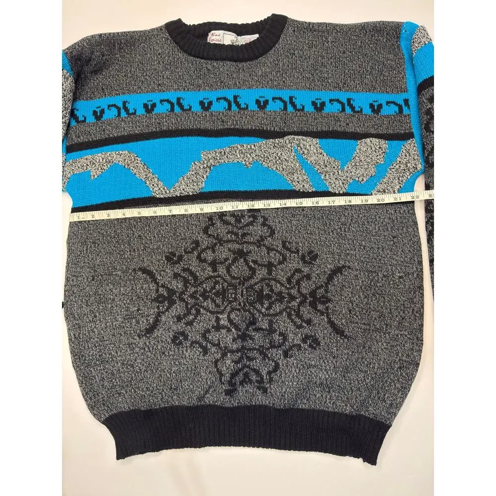 Vintage 90s Nino Foriero Mens Knit Sweater Gray Blue Abstract Ski Pullover